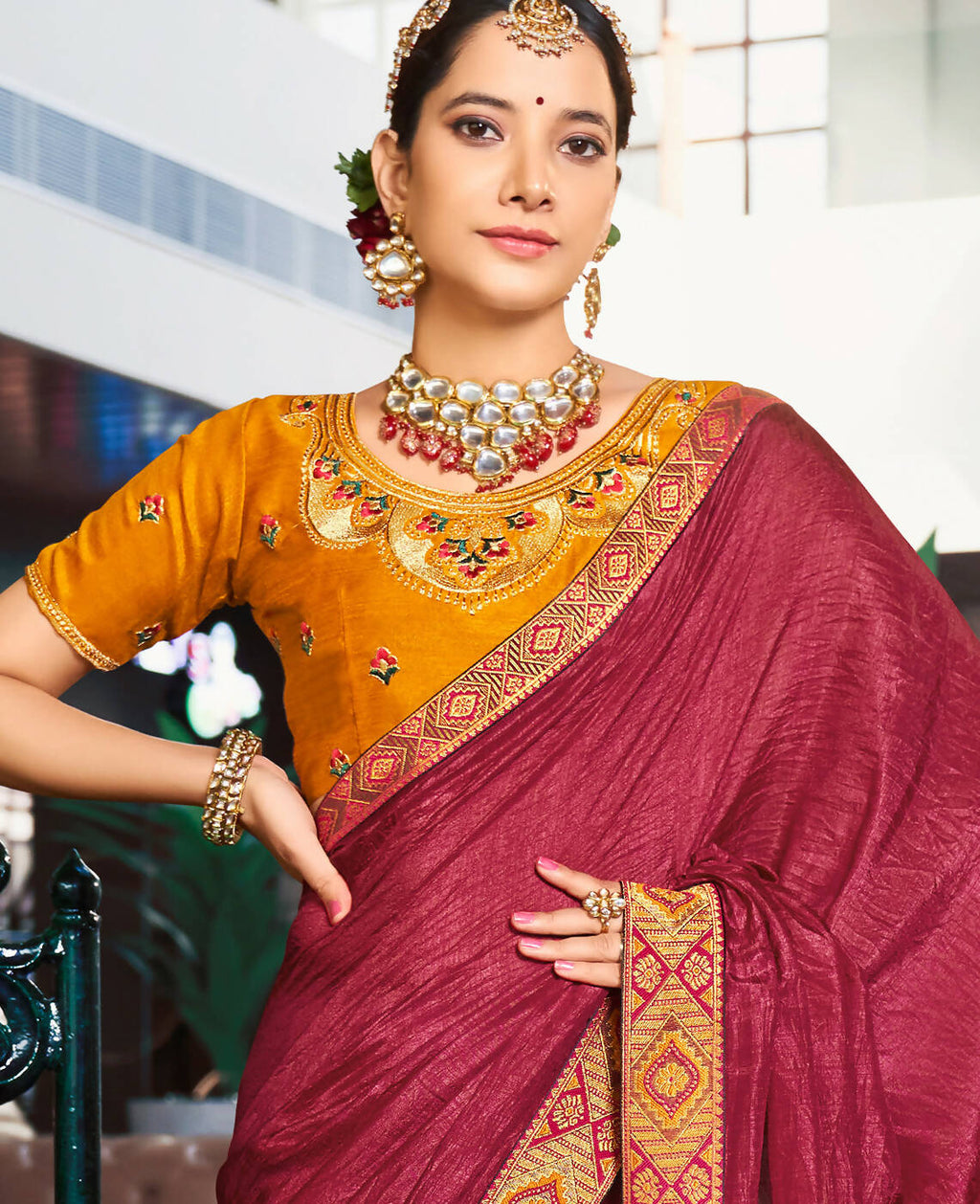 Maroon Solid Vichitra Saree With Unstitched Blouse Piece - Selena | Grocsy