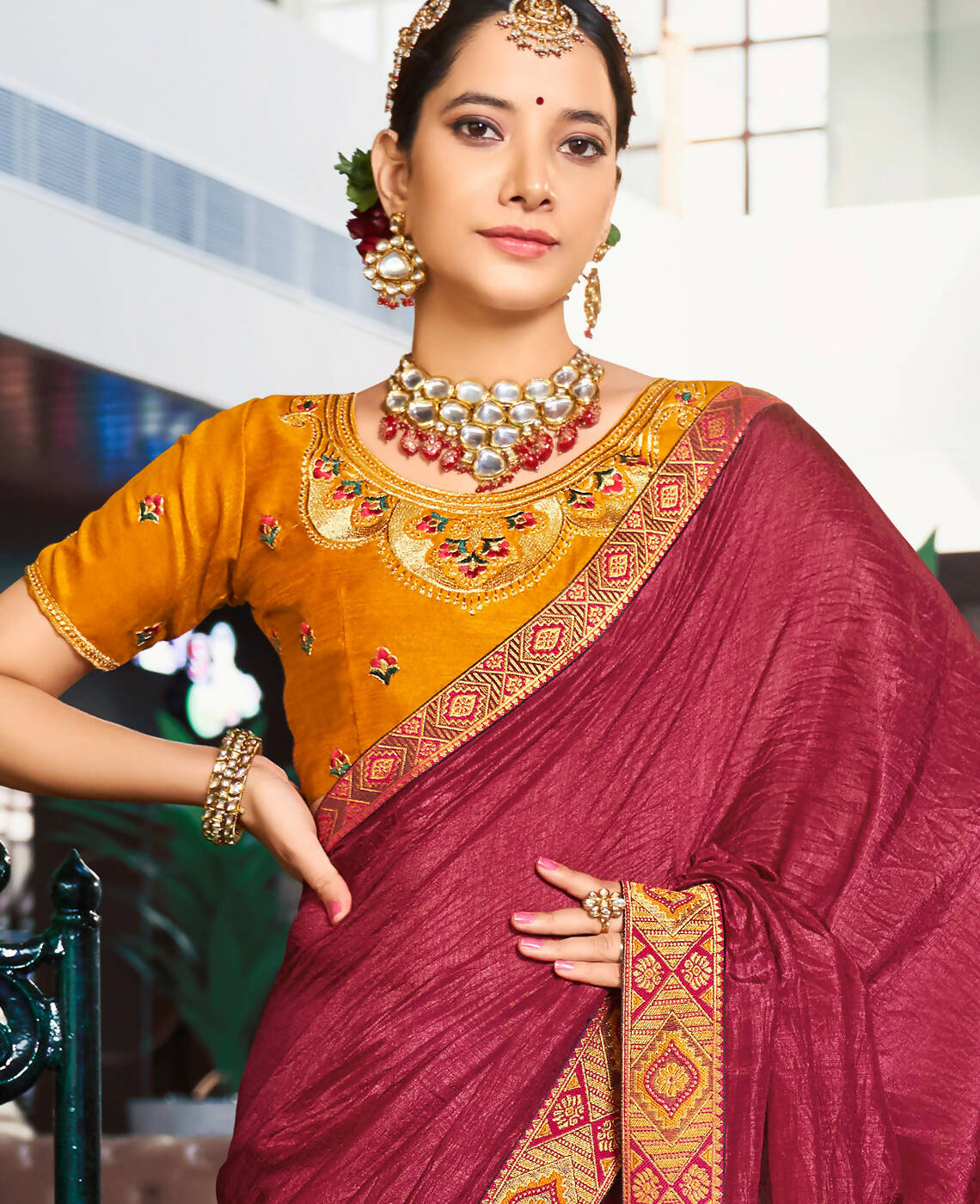 Maroon Solid Vichitra Saree With Unstitched Blouse Piece - Selena | Grocsy