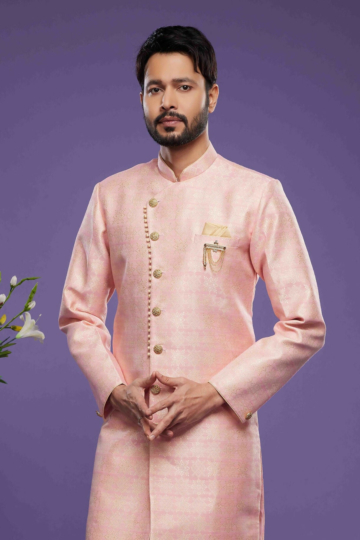 Raivat Ethnic Banarasi Jacquard Embroidery Semi Indo Western Sherwani In Pink Colour | Grocsy