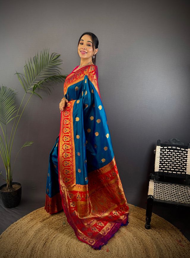 Elora Regal Blue Soft Silk Butti Zari Weaving Contrast Pallu Banarasi Saree | Grocsy