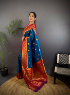 Elora Regal Blue Soft Silk Butti Zari Weaving Contrast Pallu Banarasi Saree | Grocsy