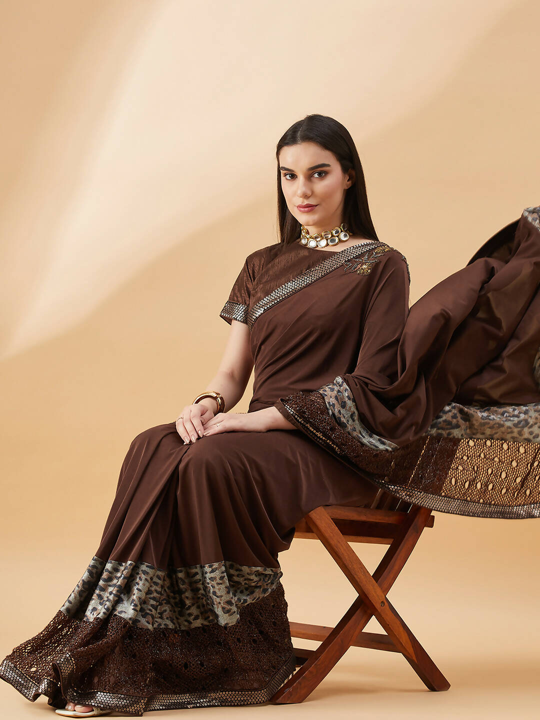 Brown Lycra Animal Print, Fancy Value Addition Fabric Saree - Norita Hit Design | Grocsy