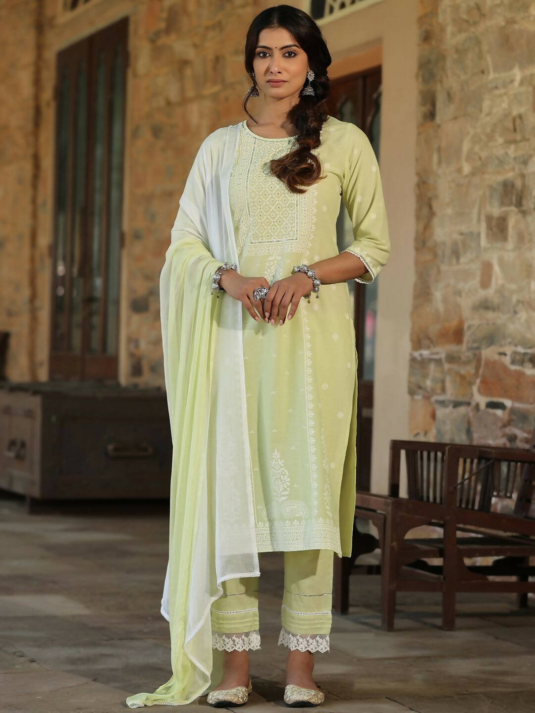 Juniper Women's Lime Green Cambric Floral Print Kurta Straight Pant And Duptta Sets | Grocsy