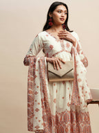 White And Peach Pure Cotton Floral Printed Anarkali Kurta And Bottom With Dupatta - Akashara | Grocsy