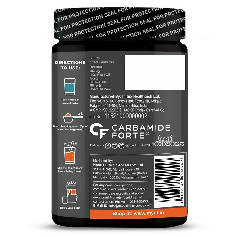 Carbamide Forte BCAA Powder With 2:1:1 Ideal Ratio - Orange Flavour | Grocsy