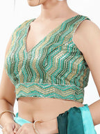 Joban Fashion Green Multi Silk Padded Blouse With V Neck Sleeveless | Grocsy