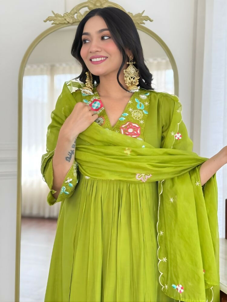 The52 Women's Beautiful Embroidery Work Viscose Silk Fabric Flared Kurta Pant and Dupatta Set | Grocsy