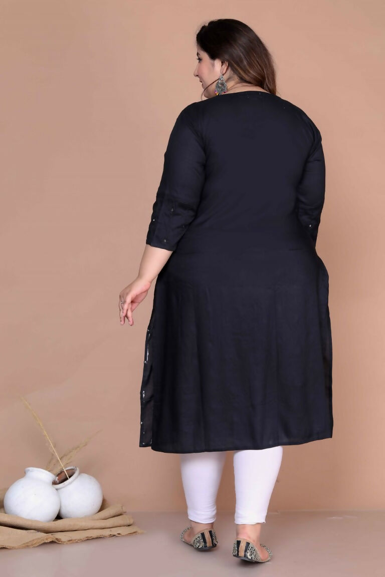 Miravan Women's Plus Size Black Mirror Work Embroidered Pakistani Straight Kurti | Grocsy
