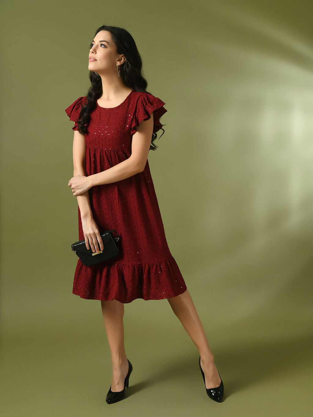 Myshka Women's Maroon Embroidered Cotton Round Neck A-Line Party Dress | Grocsy