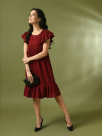 Myshka Women's Maroon Embroidered Cotton Round Neck A-Line Party Dress | Grocsy
