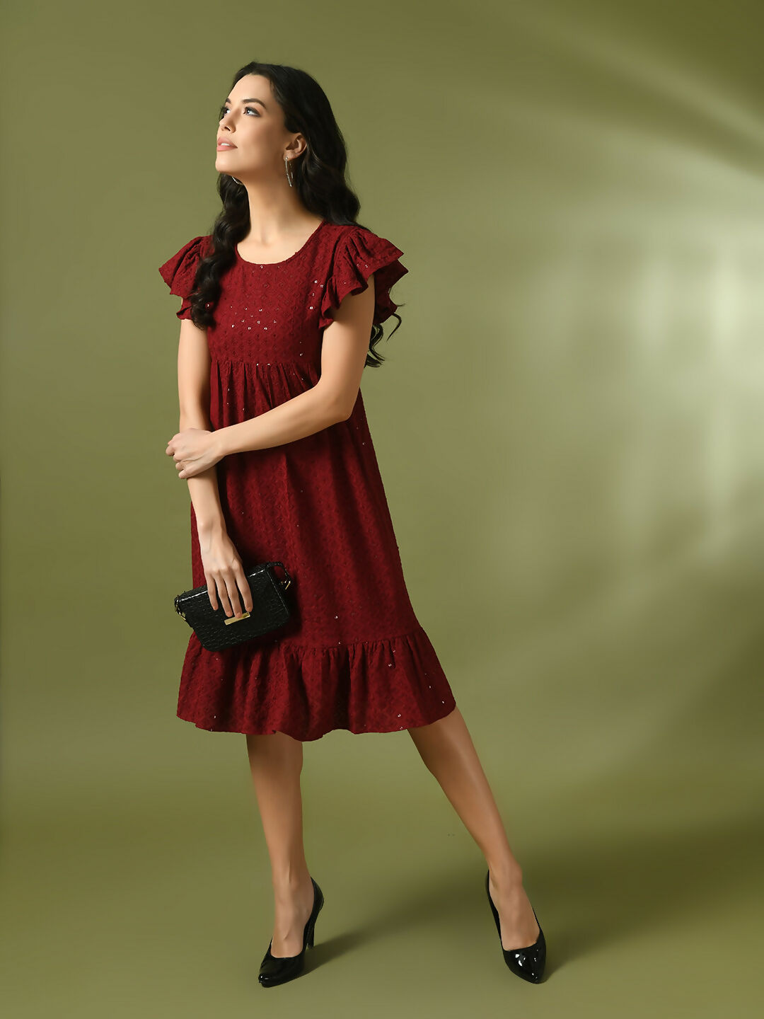 Myshka Women's Maroon Embroidered Cotton Round Neck A-Line Party Dress | Grocsy