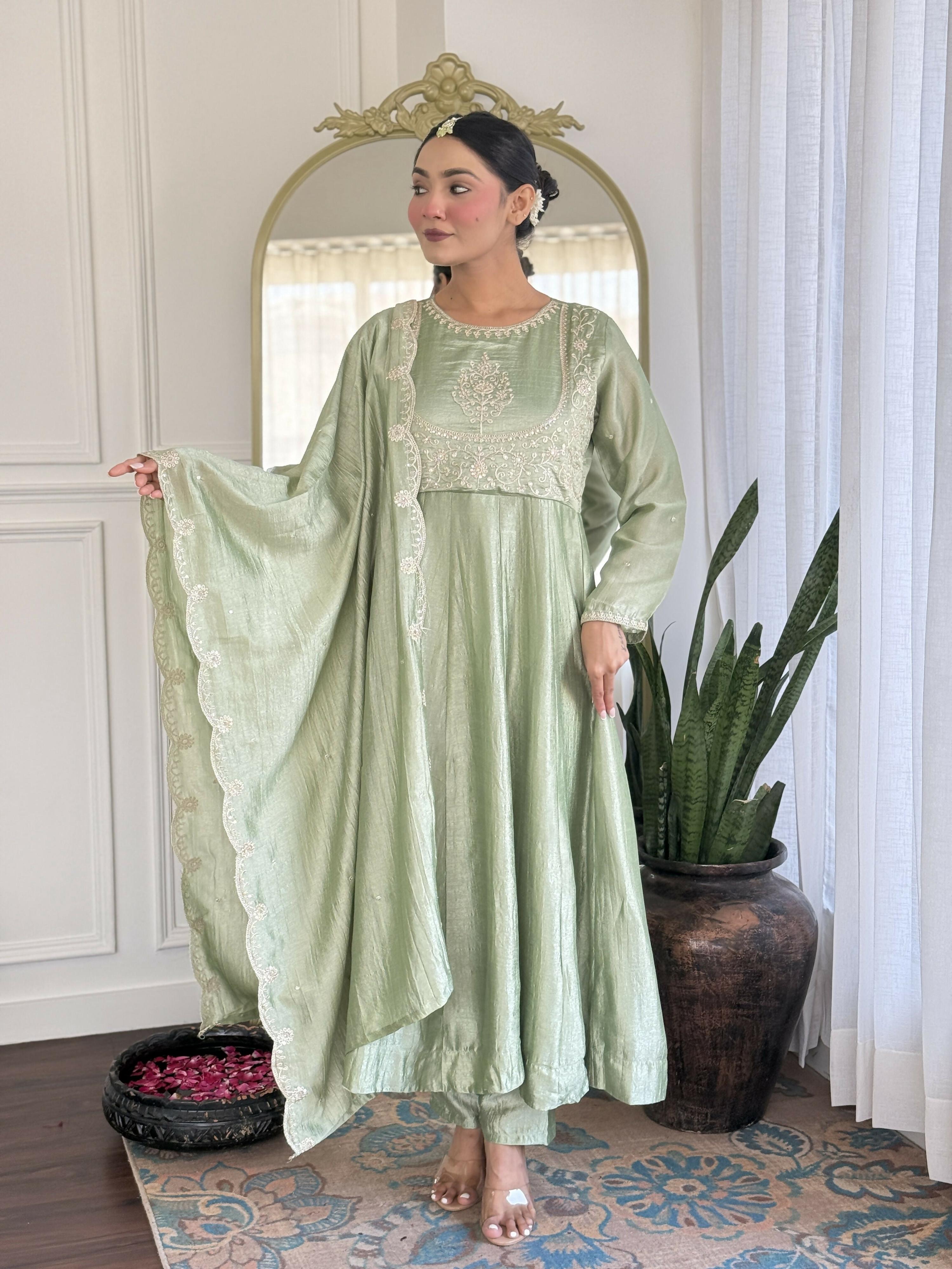 The52 Women's Beautiful Vichitra Silk Fabric Embroidery Work Flared Anarkali Pant and Dupatta Set | Grocsy