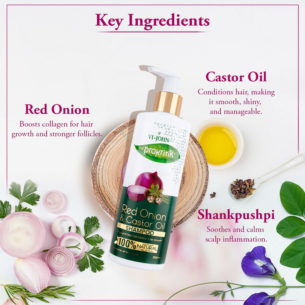 VI-JOHN Prakritik Red Onion & Castor Oil Shampoo Helps with Hair Fall & Re-Growth 100% Bio Actives | Grocsy