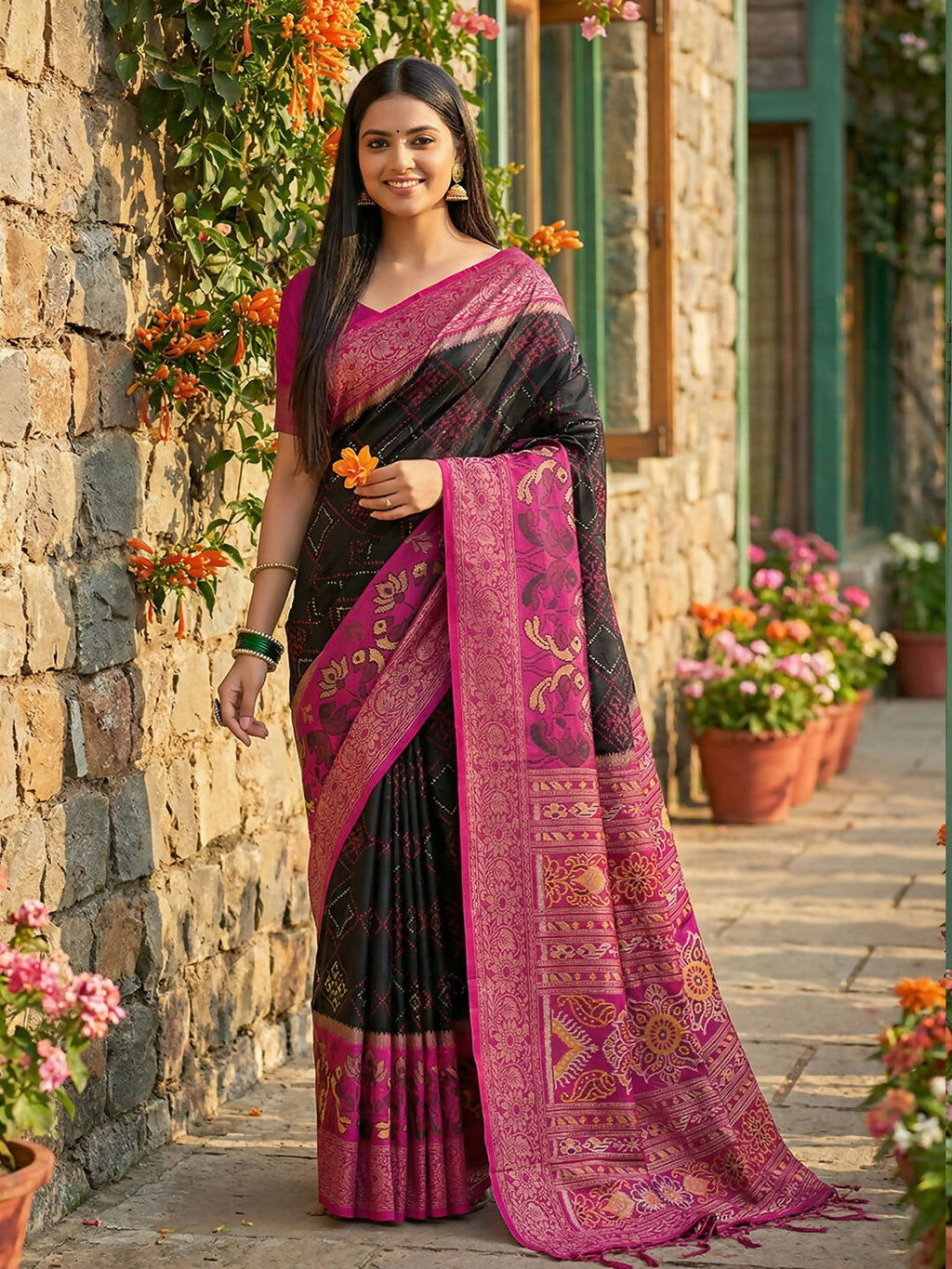 Shree Shyam Fashion Black Pochampally Silk Saree | Grocsy