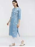 Cheera Women Stylish Hand Block Printed Cotton Blend Flared Kurta - Sky Blue | Grocsy