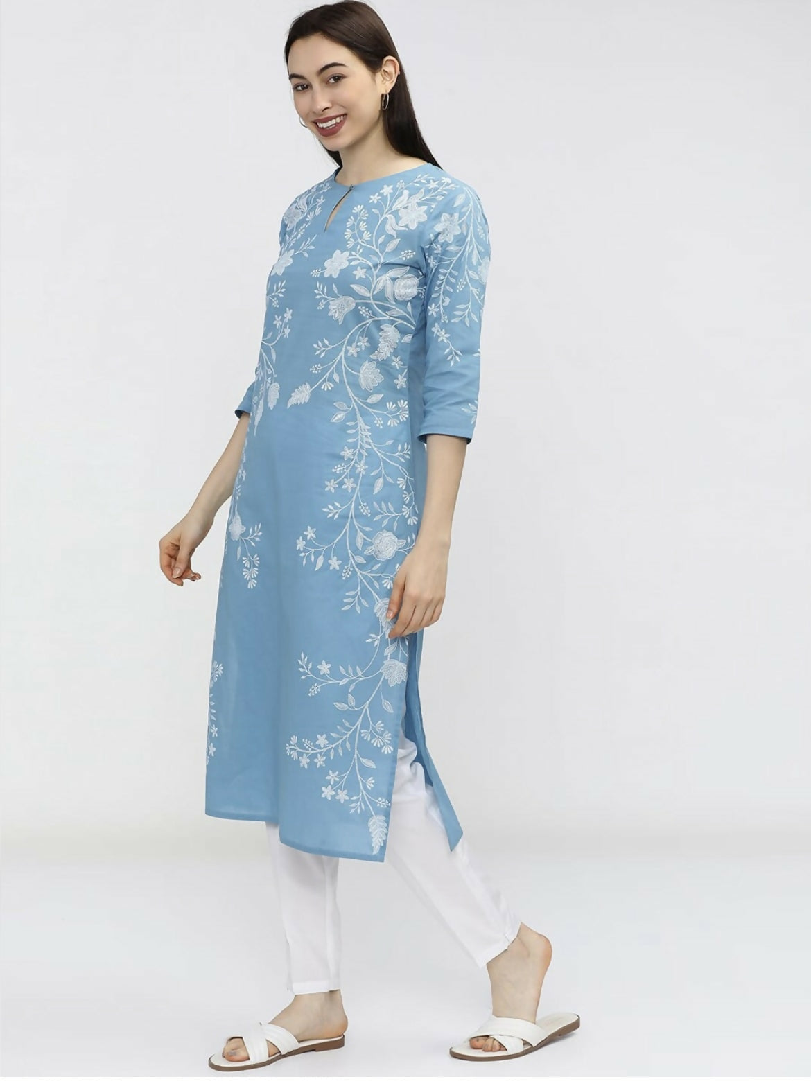 Cheera Women Stylish Hand Block Printed Cotton Blend Flared Kurta - Sky Blue | Grocsy