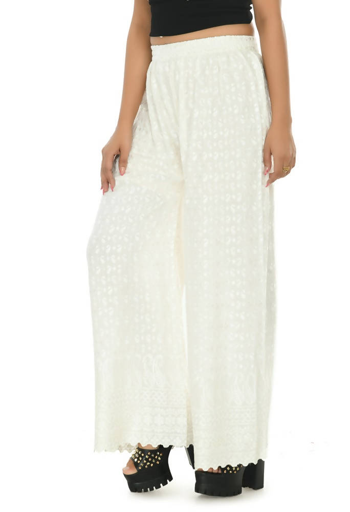 Mominos Fashion Moeza Reyon Cotton White Color Chikan Work Palazzo | Grocsy