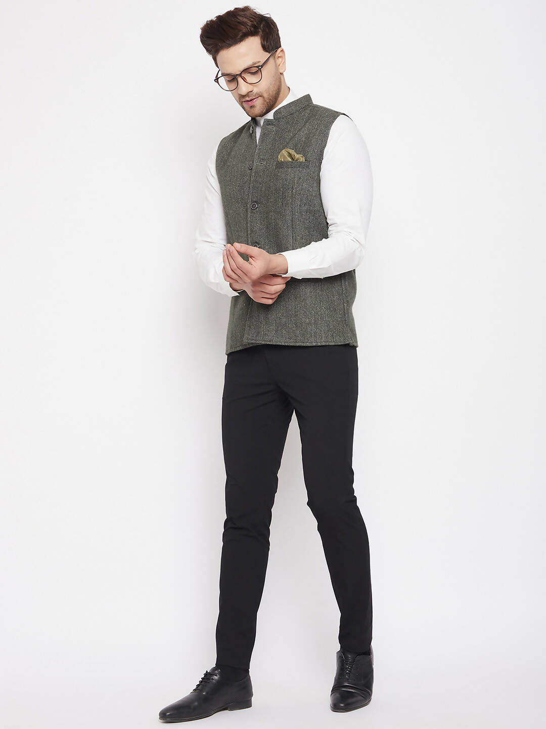 Even Apparels Green Wool Men Woven Nehru Jacket | Grocsy
