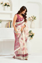 Vastranavya White Maroon Digital Printed Linen Ready To Wear Designer Saree with Unstitched Blouse | Grocsy