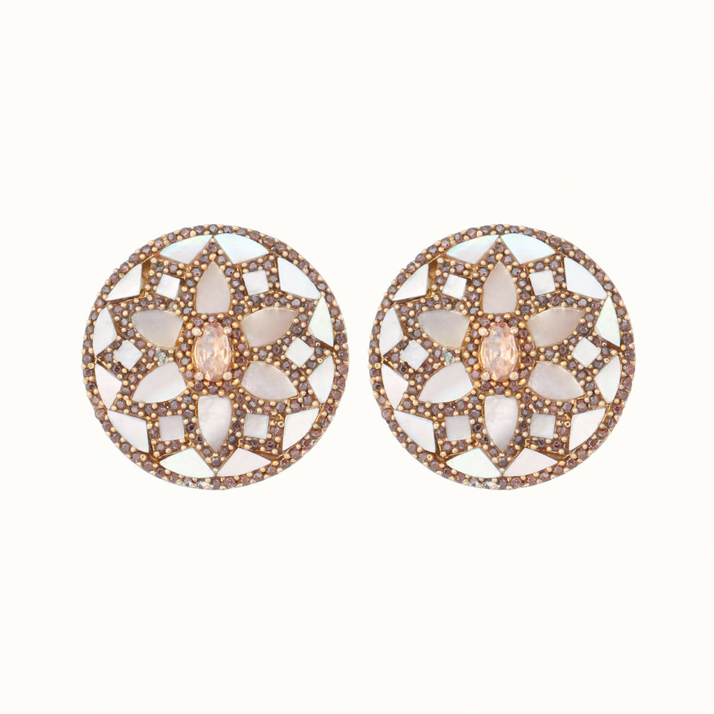 Nuyug 22K Gold Plated Mother of Pearls and Stone Studded Contemporary Floral Shaped Studs | Grocsy