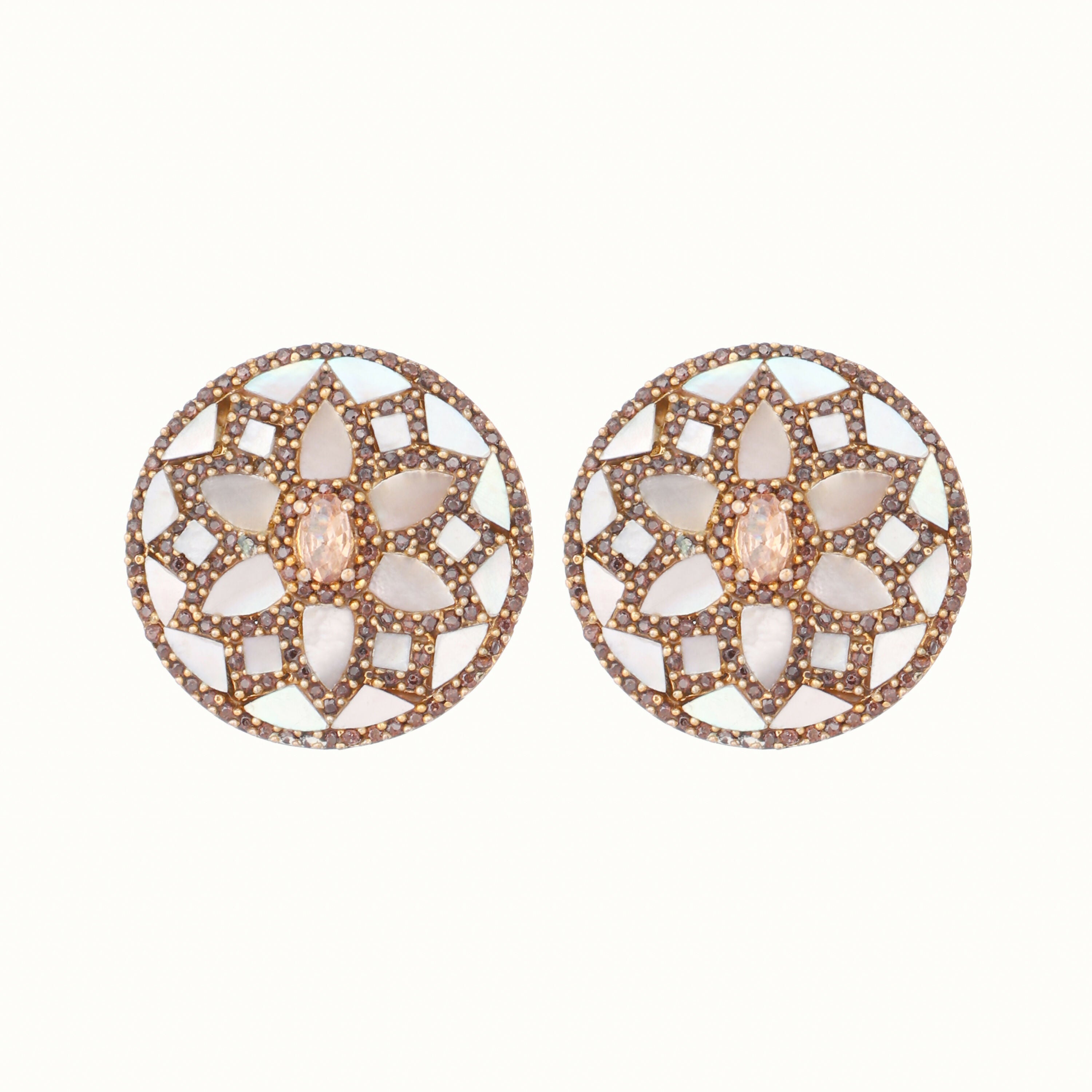 Nuyug 22K Gold Plated Mother of Pearls and Stone Studded Contemporary Floral Shaped Studs | Grocsy