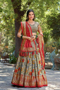 Vastranavya Kalamkari Print With Foil Print Lehenga with Unstitched Printed Blouse - Grey | Grocsy
