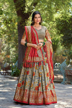 Vastranavya Kalamkari Print With Foil Print Lehenga with Unstitched Printed Blouse - Grey | Grocsy