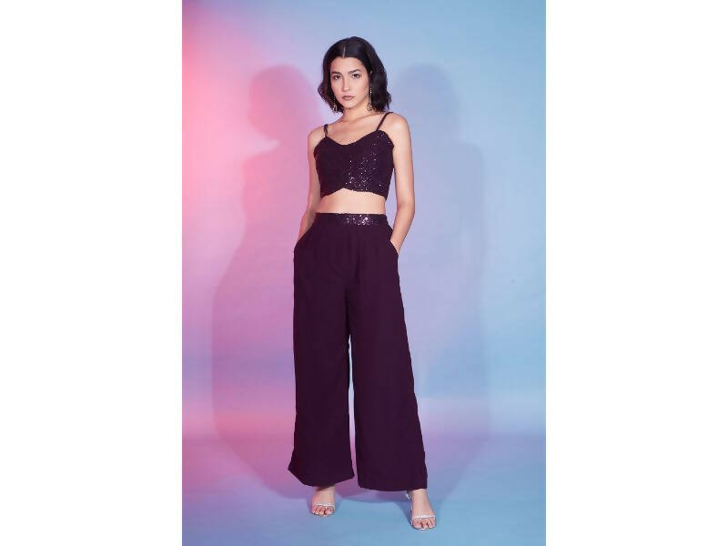 Maroon Georgette Sequence With Thread Designer Co-Ord Set - Flory | Grocsy