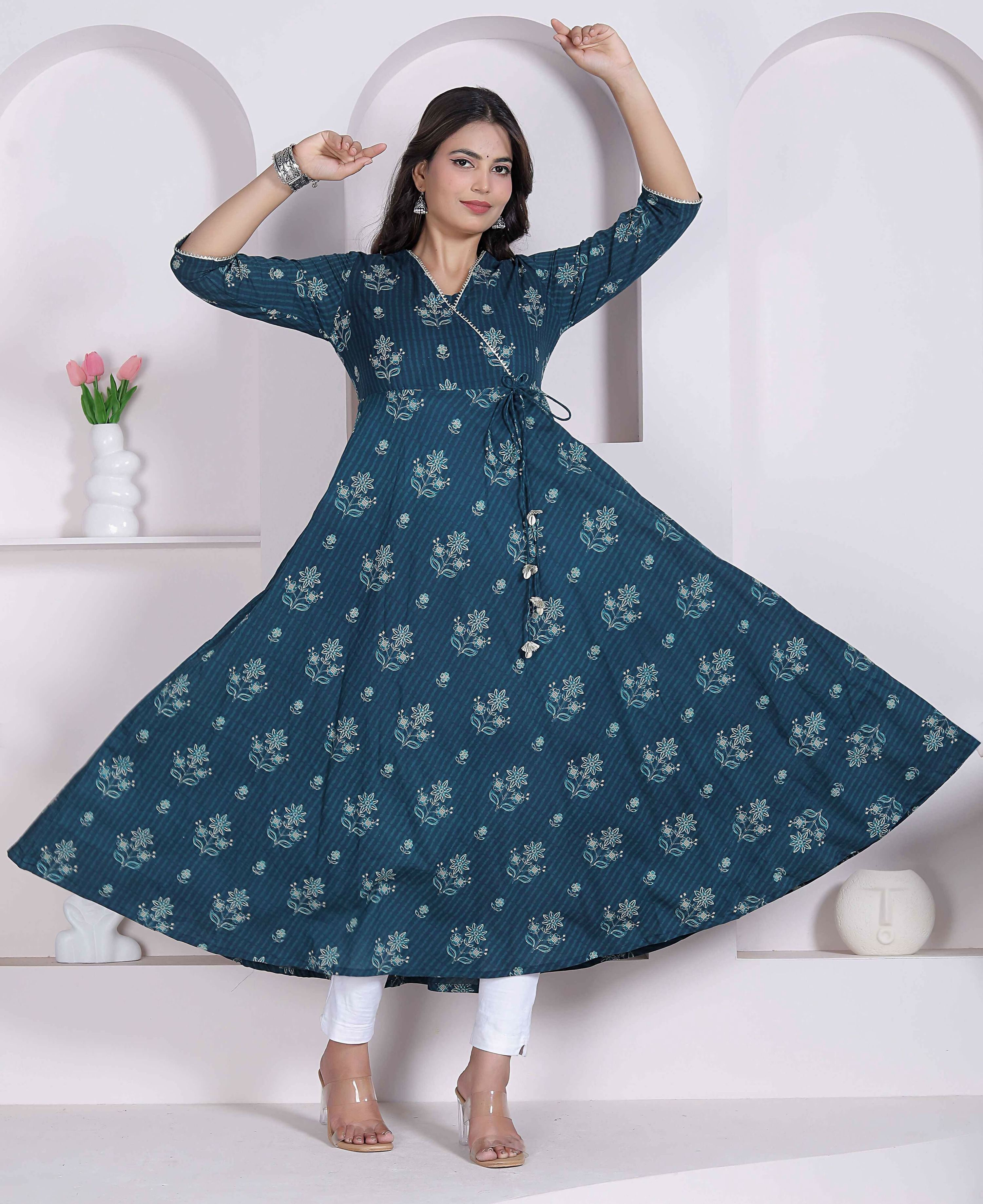 Miravan Womens Blue Ethnic Motifs Printed V-Neck Cotton Angrakha Kurta | Grocsy