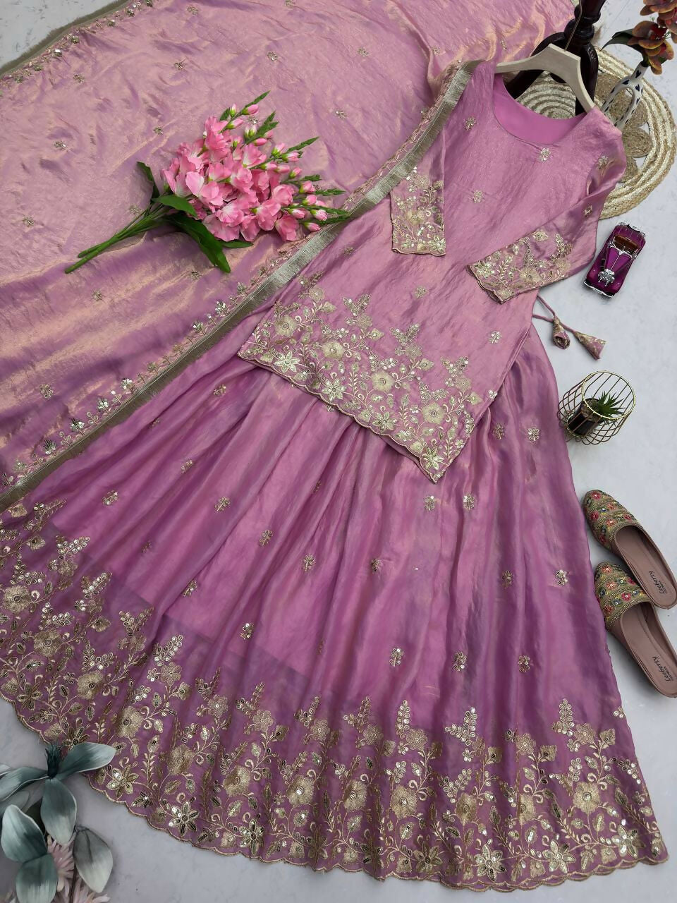 Teeya Creation Womens New Latest Heavy Embroidery Sequins Work Lehenga Set - Pink | Grocsy
