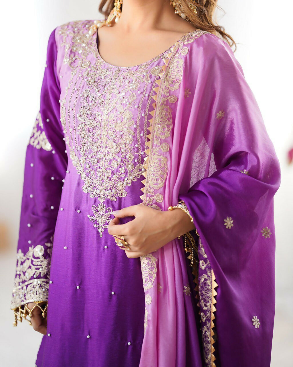 The52 Women's Beautiful Chinon silk Fabric Embroidery Work Straight Kurta Palazzo and Dupatta Set | Grocsy