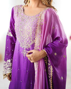 The52 Women's Beautiful Chinon silk Fabric Embroidery Work Straight Kurta Palazzo and Dupatta Set | Grocsy