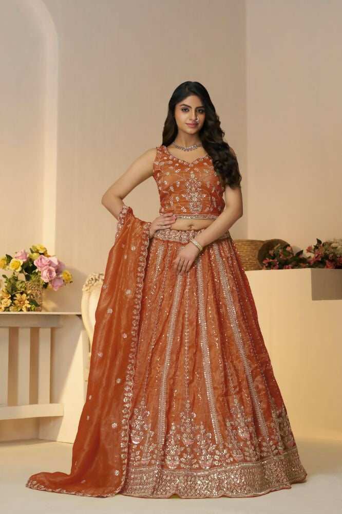 Kesar Fab Orange Jimmy Choo Hand_Woven Lehenga | Grocsy