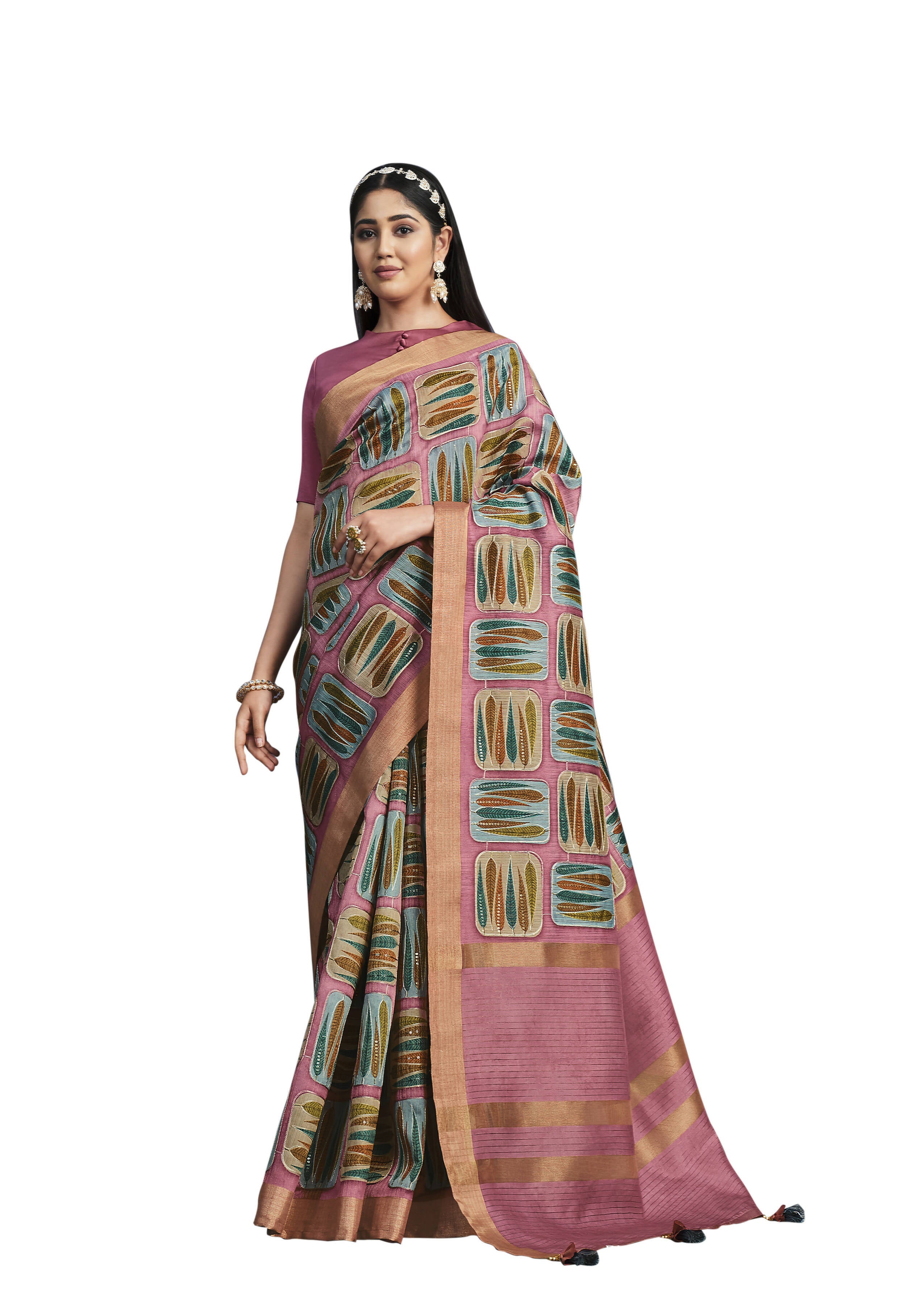 Pink Tusser Silk Floral Printed With Embroidered Work Saree With Unstitched Blouse - Mohmanthan Aahana | Grocsy