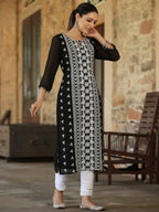 Juniper Women's Black Georgette Printed Kurta | Grocsy