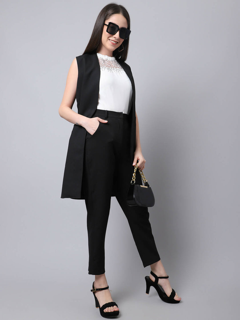 Even Apparels Black Polywool Open Front Women's Long Coat PW668 | Grocsy
