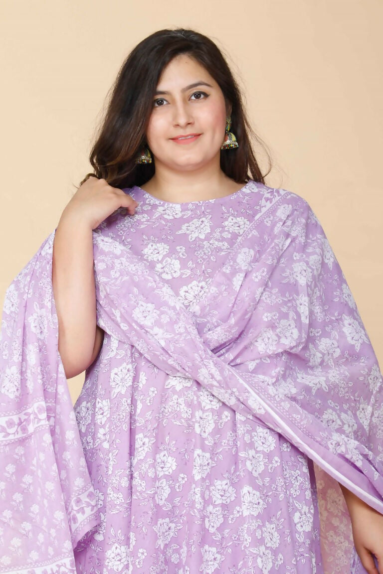 Miravan Women's Plus Size Lavender Floral Flared Sleeves Anarkali Kurta With Dupatta | Grocsy