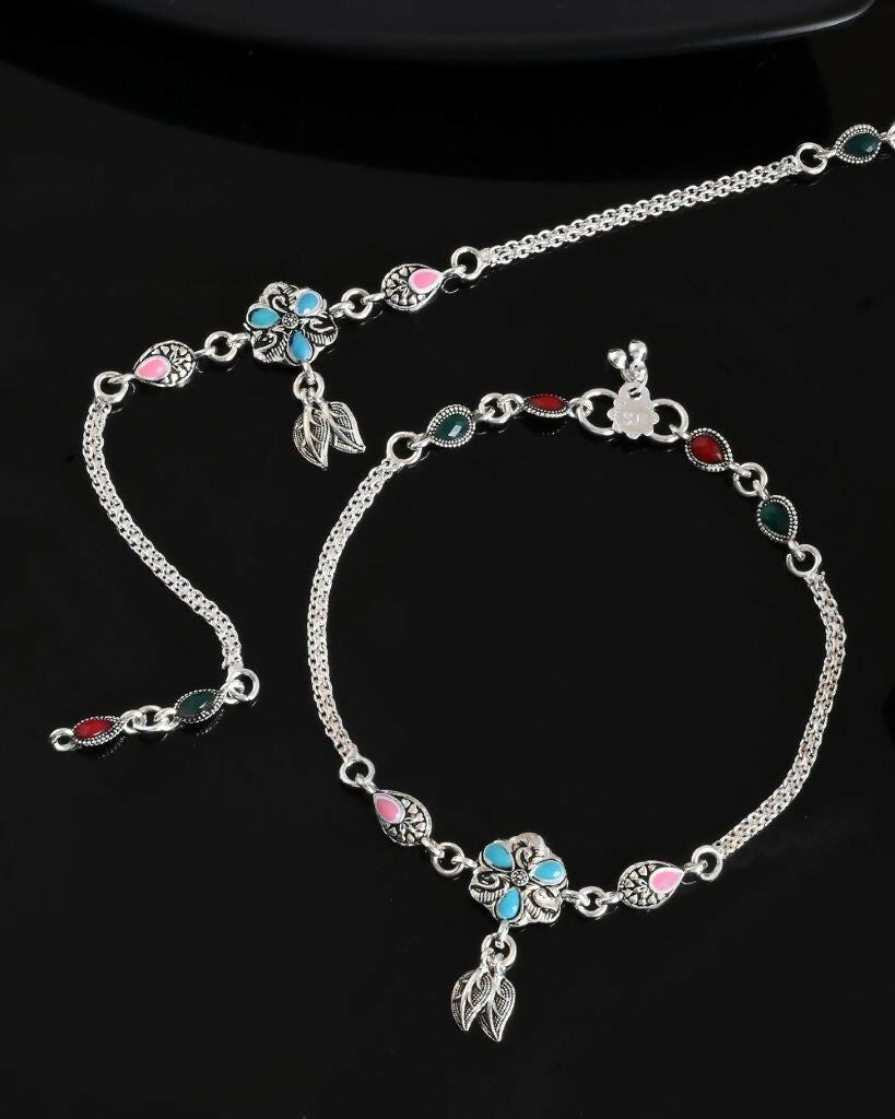 VOJ Set of 2 Traditional Stone Studded Flower Shaped Anklet | Grocsy