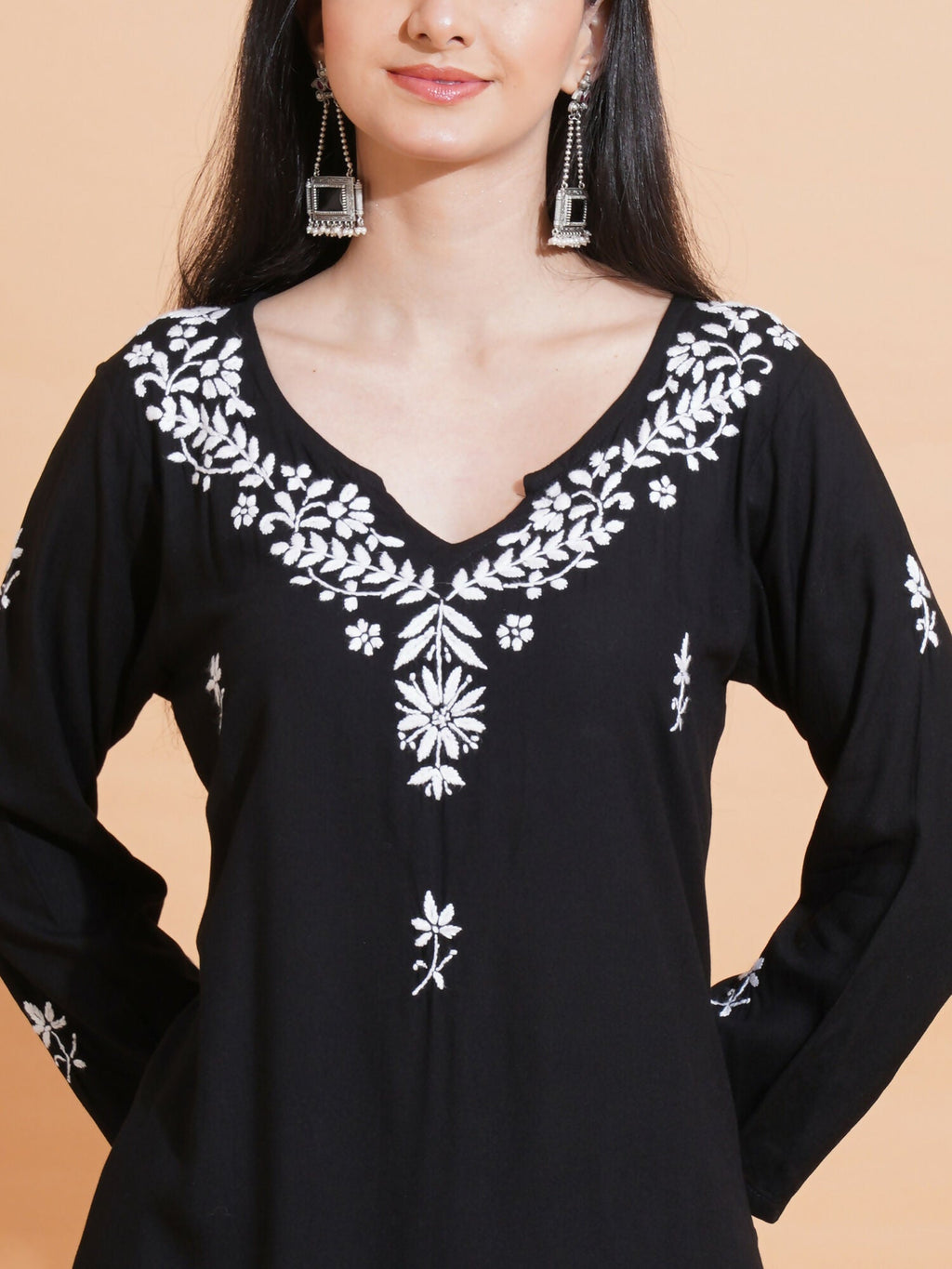 Pahnaz Luxury Rayon Chikankari Long Kurti-Black | Grocsy