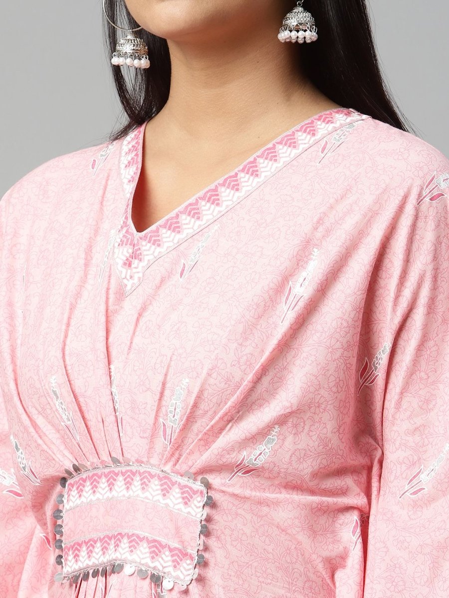 Ahalyaa Women Pink Pure Cotton Printed Kaftan Kurta | Grocsy