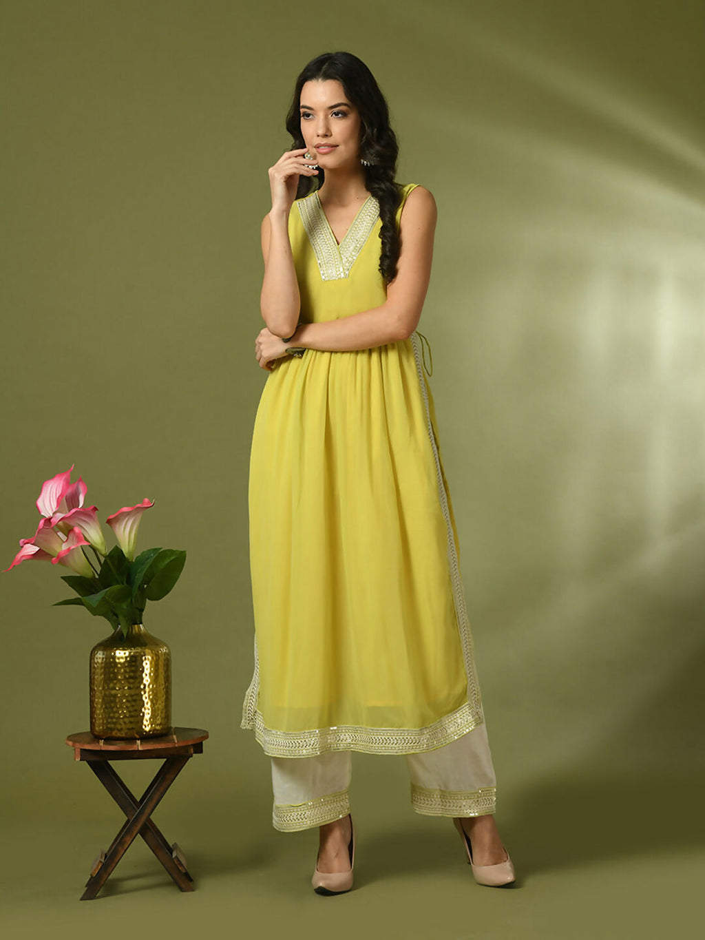 Myshka Women's Yellow Solid Georgette Anarkali Party Kurta Set | Grocsy