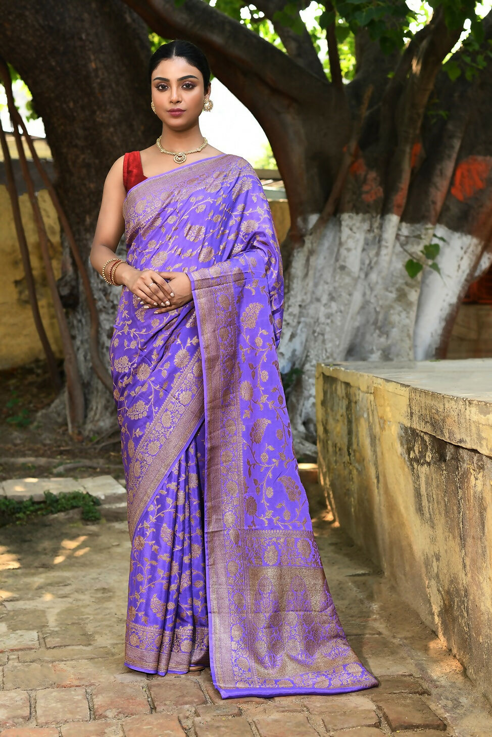 Joban Fashion Dark Lilac Crepe Chiffon Pure Handloom Banarasi Silk Saree | Grocsy