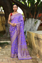 Joban Fashion Dark Lilac Crepe Chiffon Pure Handloom Banarasi Silk Saree | Grocsy