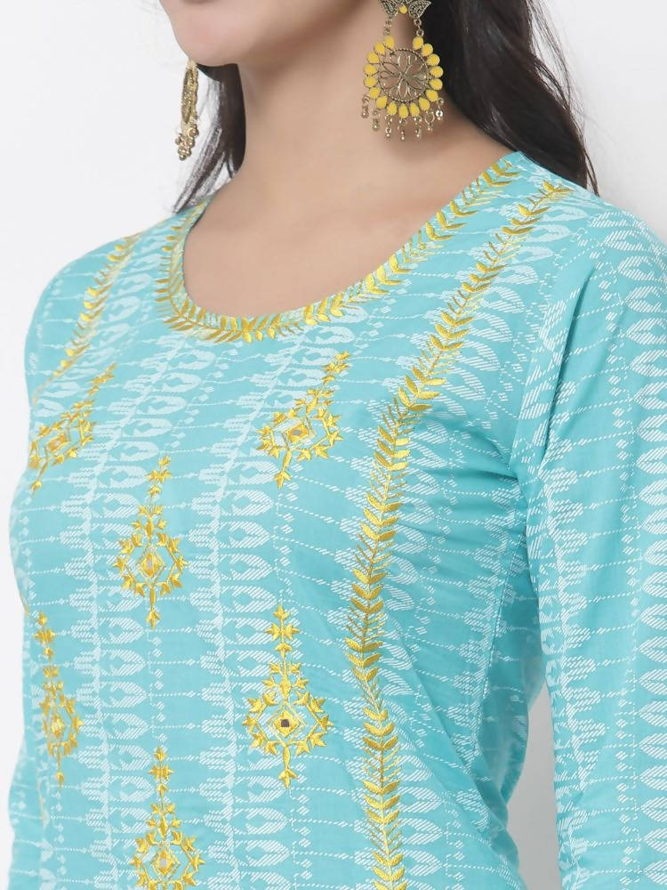 Myshka Women's Cotton Printed 3/4 Sleeve Round Neck Casual Kurta Pant Dupatta Set | Grocsy