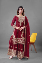 Teeya Creation Red Color Faux georgette Embroidery Work Sharara Set | Grocsy