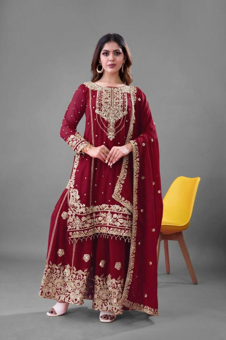 Teeya Creation Red Color Faux georgette Embroidery Work Sharara Set | Grocsy
