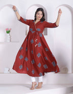 Miravan Womens Rust Floral Printed Pure Cotton Gota Patti Angrakha Kurta | Grocsy