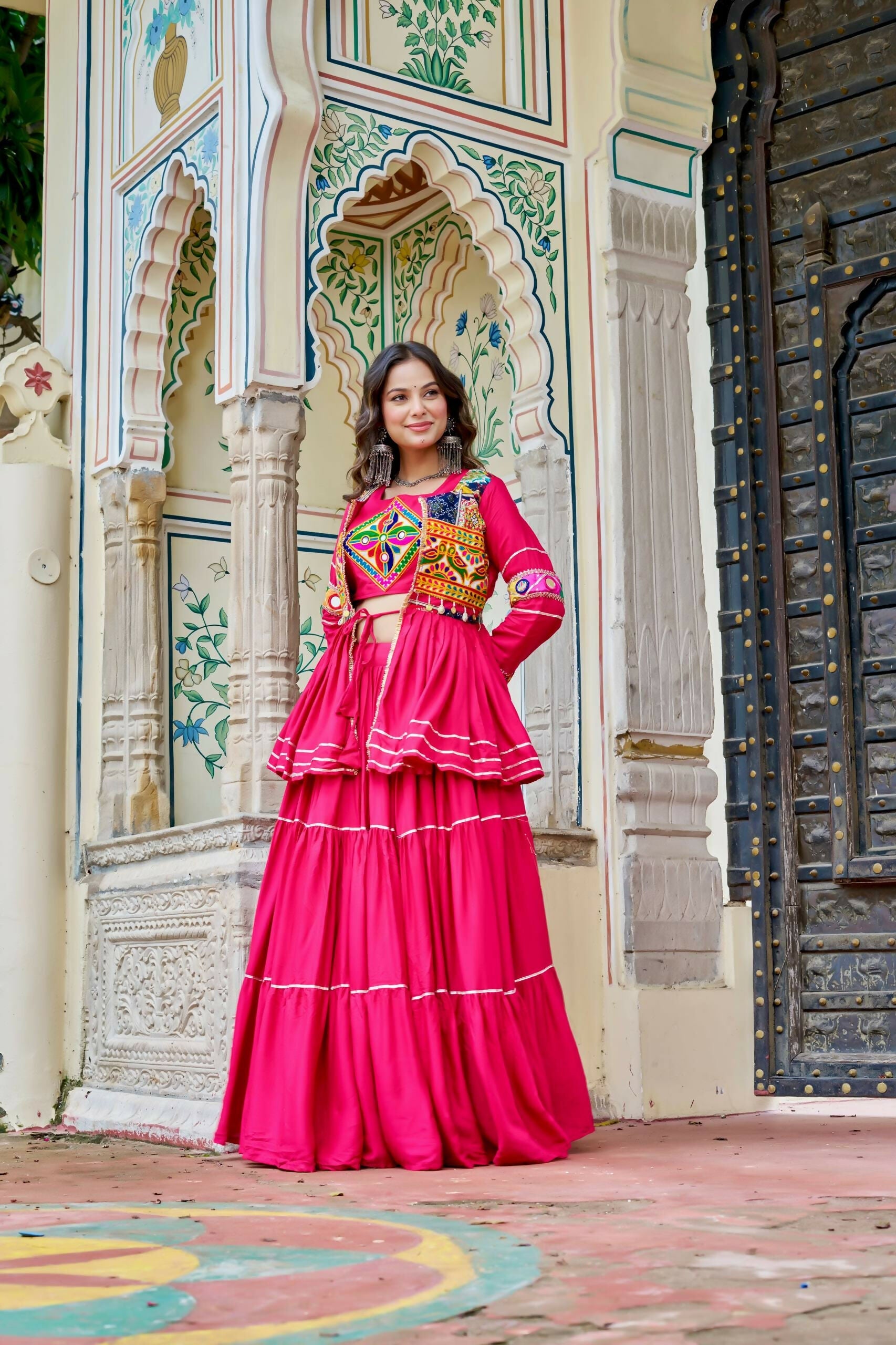 Teeya Creation Womens New Stylish Heavy Gamthi Work With Mirror Lace Work Pink Gown Set | Grocsy