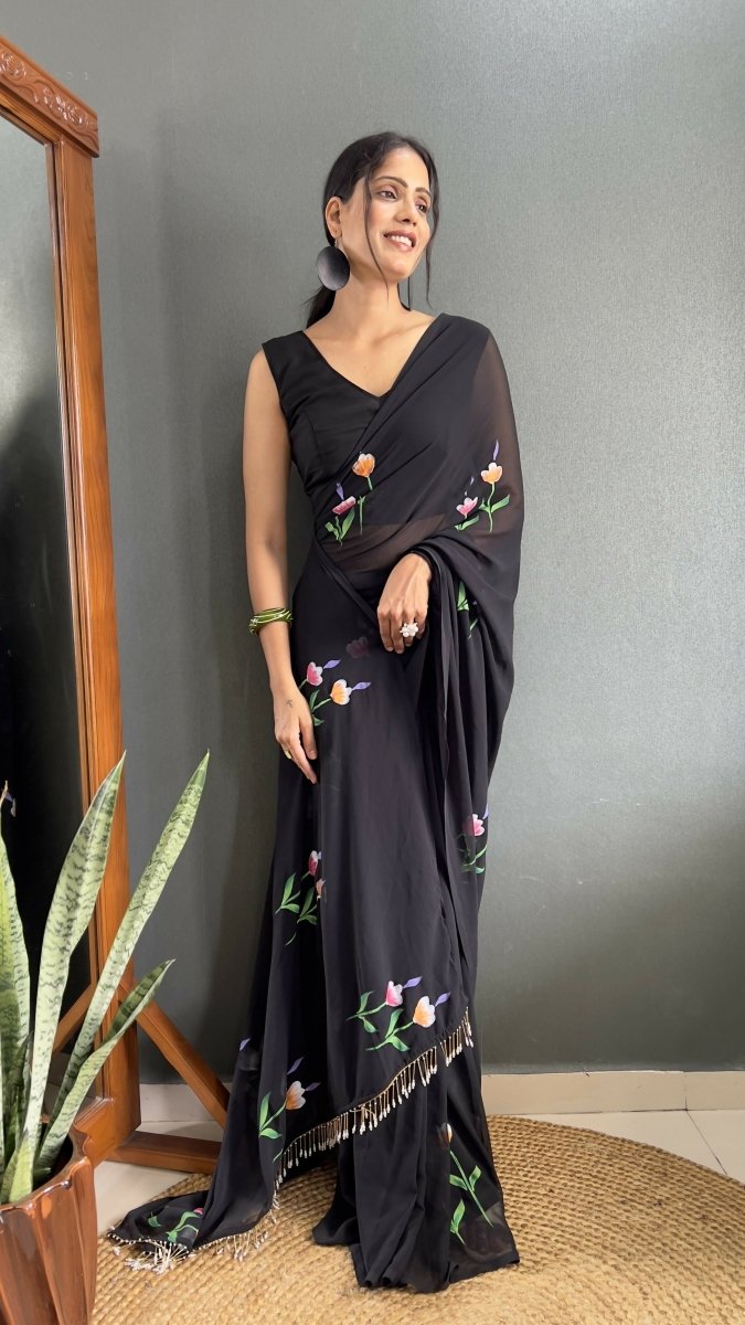 Aayaa Designer 1 min Hand Painted Ready to Wear saree - Black | Grocsy