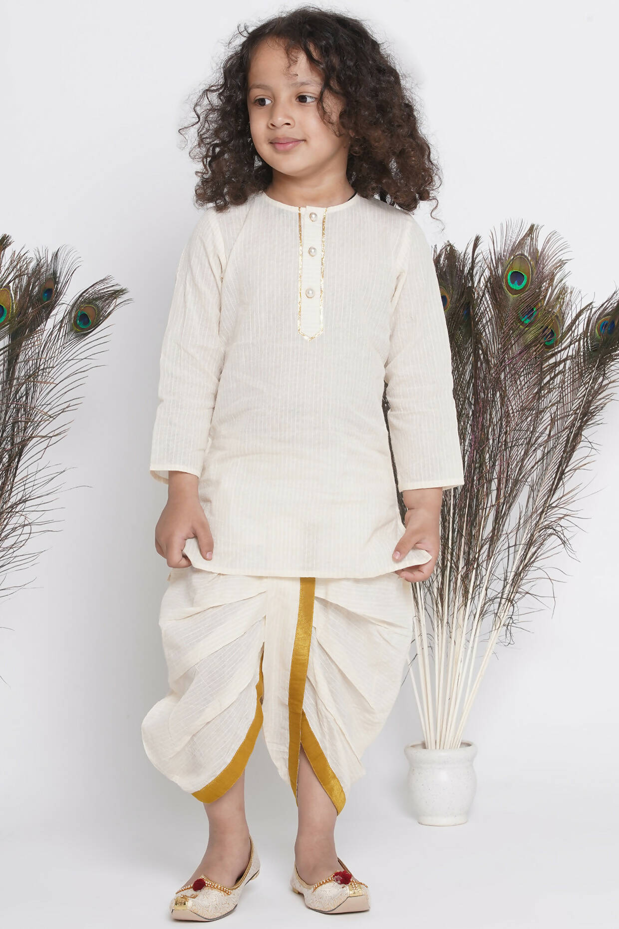 Little Bansi Banarsi Red Tulip Embroidery Jacket With Cotton Kantha kurta And Kantha Dhoti - Cream | Grocsy